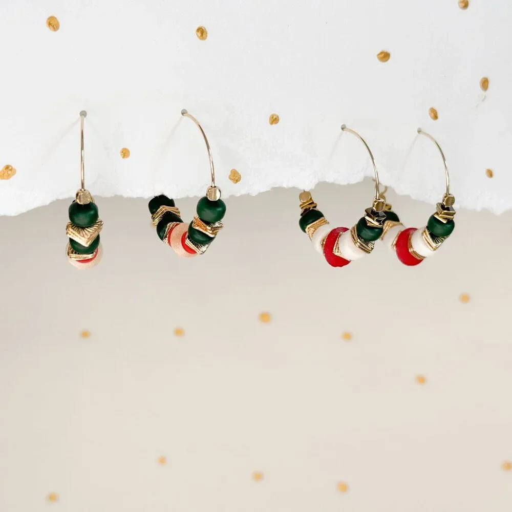 Boho Hoop Earrings Green Stone Beaded Gold Hoops Coral Ivory | Artisan Style - Picture 3 of 10
